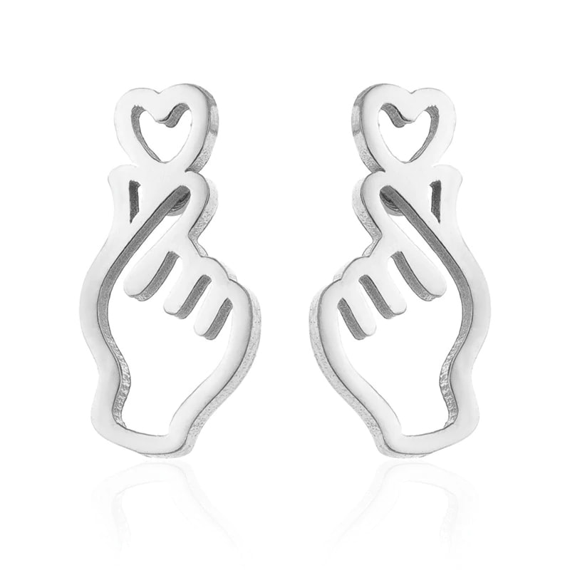 Korean Finger Heart Oorbellen, Zilver